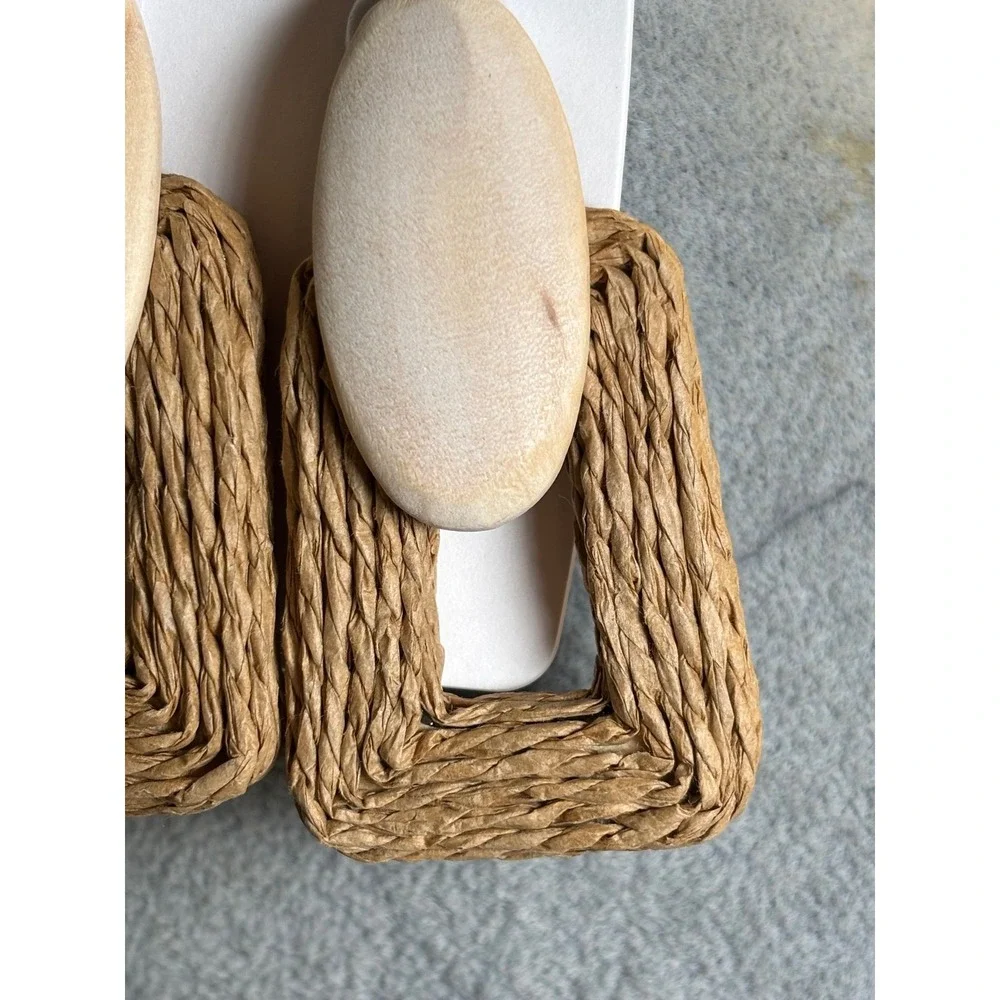 #65. Natural Wood Woven Raffia Statement Earrings
